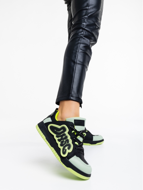 Γυναικεία αθλητικά παπούτσια μαύρα με πράσινο από οικολογικό δέρμα Azurine, 2 - Kalapod.gr