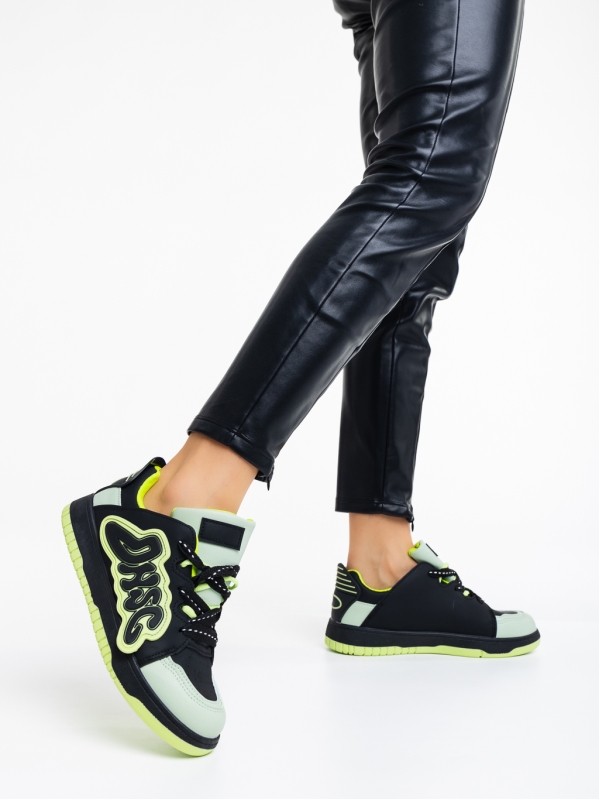 Γυναικεία αθλητικά παπούτσια μαύρα με πράσινο από οικολογικό δέρμα Azurine, 3 - Kalapod.gr