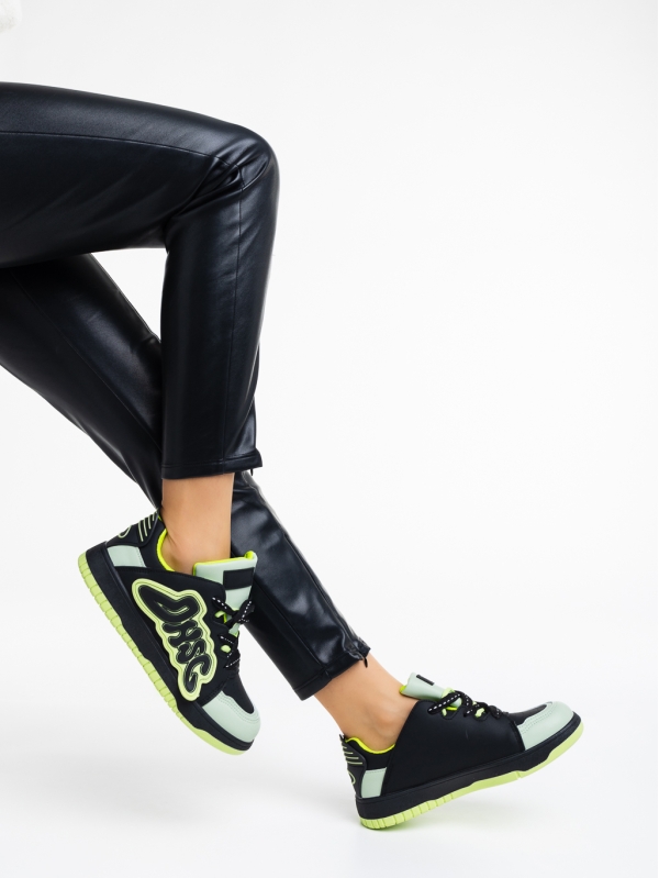 Γυναικεία αθλητικά παπούτσια μαύρα με πράσινο από οικολογικό δέρμα Azurine - Kalapod.gr