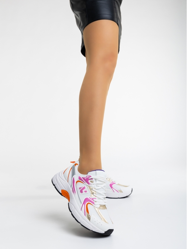 Γυναικεία αθλητικά παπούτσια λευκά  με πορτοκαλί από ύφασμα Maryann, 2 - Kalapod.gr