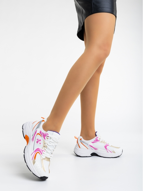 Γυναικεία αθλητικά παπούτσια λευκά  με πορτοκαλί από ύφασμα Maryann, 3 - Kalapod.gr