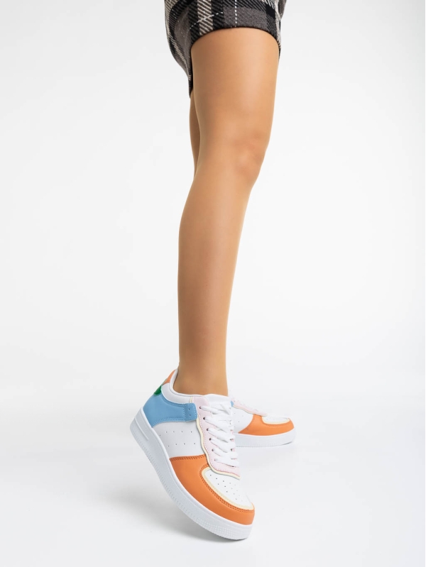 Γυναικεία αθλητικά παπούτσια λευκά με πορτοκαλί από οικολογικό δέρμα Evaleen, 2 - Kalapod.gr
