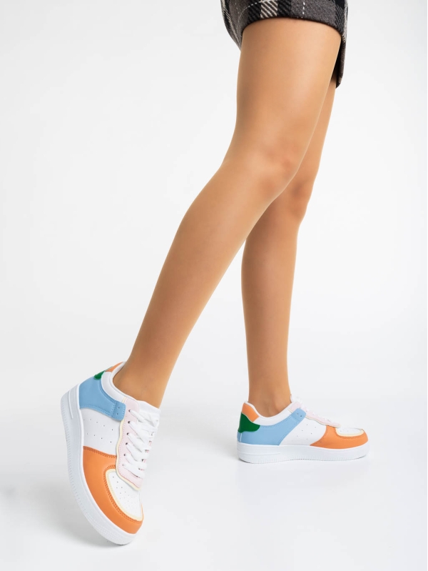 Γυναικεία αθλητικά παπούτσια λευκά με πορτοκαλί από οικολογικό δέρμα Evaleen, 3 - Kalapod.gr