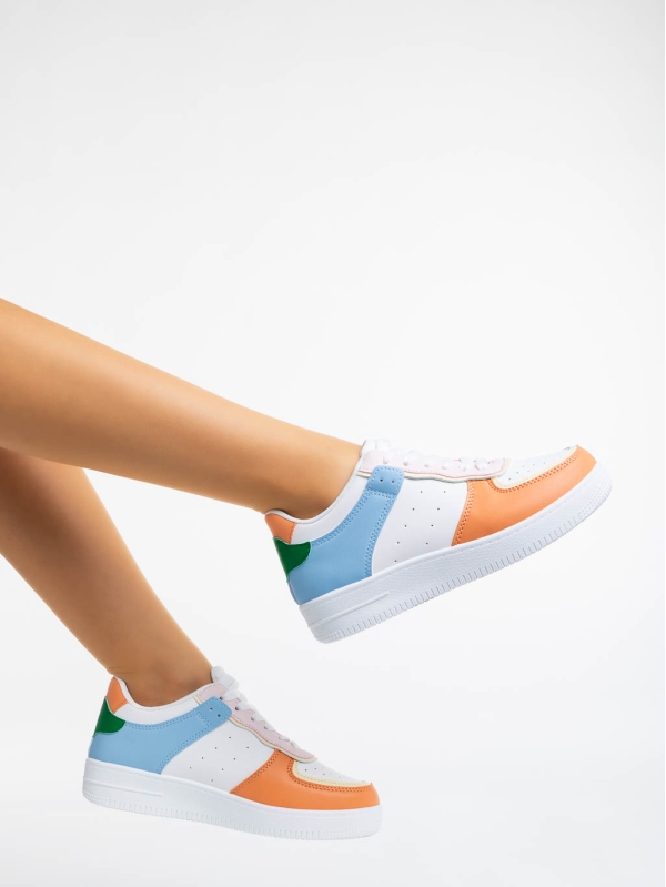 Γυναικεία αθλητικά παπούτσια λευκά με πορτοκαλί από οικολογικό δέρμα Evaleen, 4 - Kalapod.gr