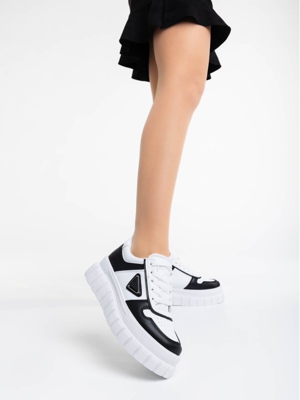 Γυναικεία αθλητικά παπούτσια λευκά με μαύρο από οικολογικό δέρμα Retta, 2 - Kalapod.gr