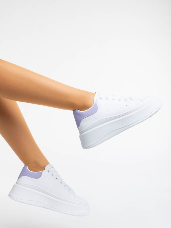 Γυναικεία αθλητικά παπούτσια λευκά με μωβ από οικολογικό δέρμα Aleesha, 3 - Kalapod.gr