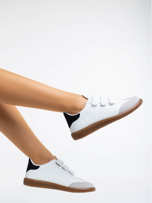 Γυναικεία αθλητικά παπούτσια λευκά με μαύρο από οικολογικό δέρμα Raynor, 2 - Kalapod.gr