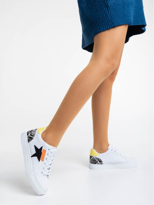 Γυναικεία αθλητικά παπούτσια λευκά με μαύρο από οικολογικό δέρμα Yeva, 5 - Kalapod.gr