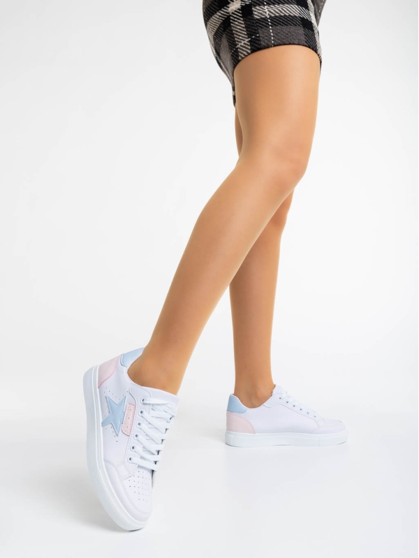 Γυναικεία αθλητικά παπούτσια λευκά με μπλε από οικολογικό δέρμα Yeva, 3 - Kalapod.gr