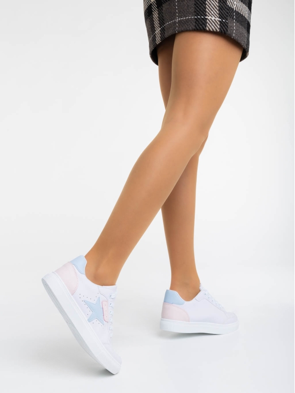 Γυναικεία αθλητικά παπούτσια λευκά με μπλε από οικολογικό δέρμα Yeva, 5 - Kalapod.gr