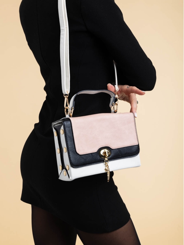 Γυναικεία τσάντα λευκή με μαύρο και ροζ από οικολογικό δέρμα Briseis - Kalapod.gr
