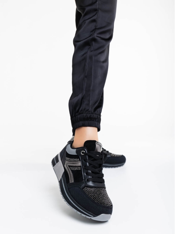 Γυναικεία αθλητικά παπούτσια μαύρα από ύφασμα και οικολογικό δέρμα Ravenna, 2 - Kalapod.gr