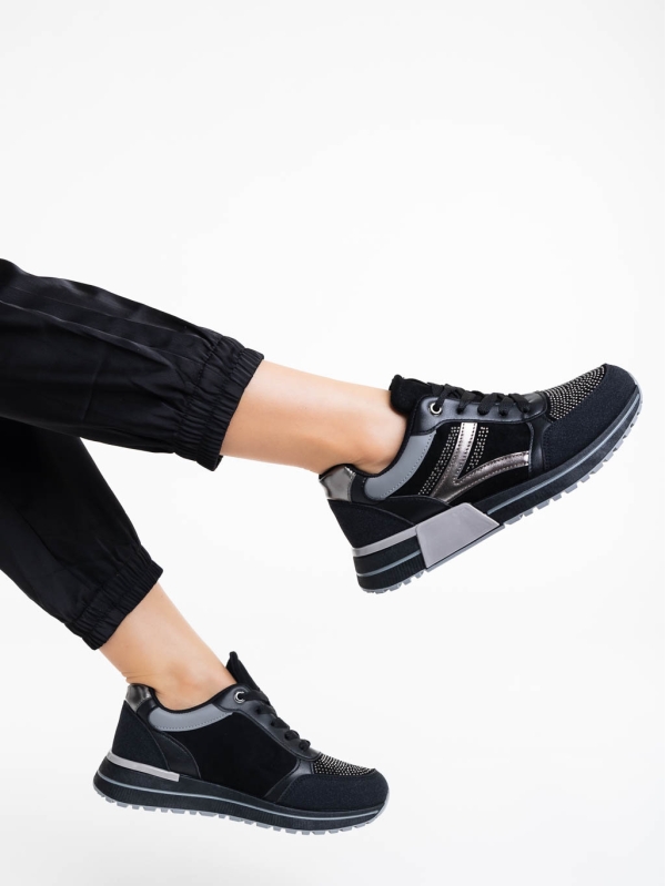 Γυναικεία αθλητικά παπούτσια μαύρα από ύφασμα και οικολογικό δέρμα Ravenna, 3 - Kalapod.gr