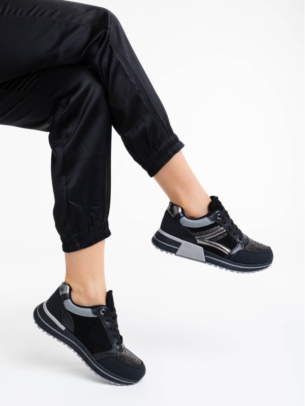 Γυναικεία αθλητικά παπούτσια μαύρα από ύφασμα και οικολογικό δέρμα Ravenna, 4 - Kalapod.gr