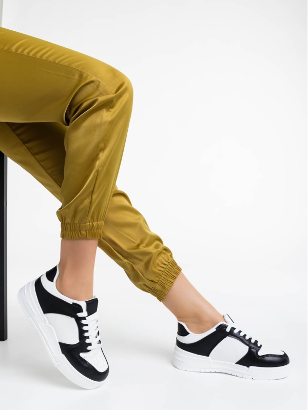 Γυναικεία αθλητικά παπούτσια λευκά με μαύρο από οικολογικό δέρμα Rumeysa - Kalapod.gr