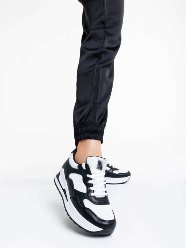 Γυναικεία αθλητικά παπούτσια μαύρα με λευκό από οικολογικό δέρμα Rachana, 2 - Kalapod.gr