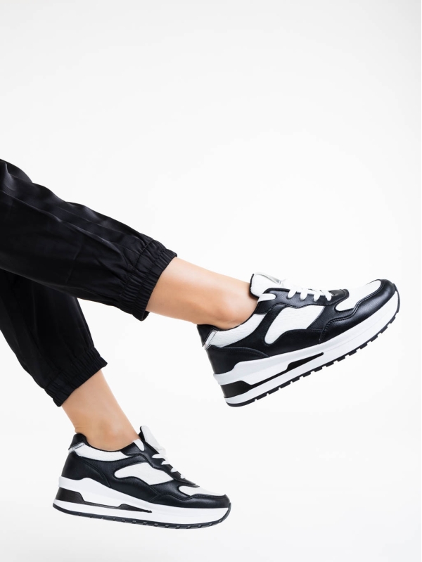Γυναικεία αθλητικά παπούτσια μαύρα με λευκό από οικολογικό δέρμα Rachana, 3 - Kalapod.gr