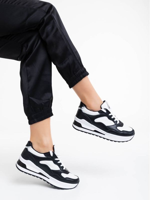 Γυναικεία αθλητικά παπούτσια μαύρα με λευκό από οικολογικό δέρμα Rachana, 4 - Kalapod.gr