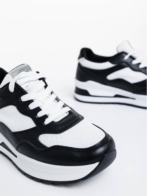 Γυναικεία αθλητικά παπούτσια μαύρα με λευκό από οικολογικό δέρμα Rachana, 6 - Kalapod.gr