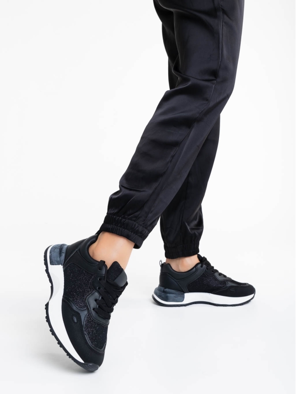Γυναικεία αθλητικά παπούτσια μαύρα από οικολογικό δέρμα και ύφασμα Romessa, 3 - Kalapod.gr