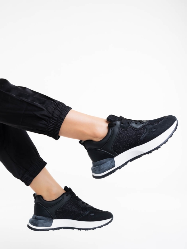 Γυναικεία αθλητικά παπούτσια μαύρα από οικολογικό δέρμα και ύφασμα Romessa, 4 - Kalapod.gr