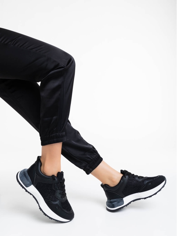 Γυναικεία αθλητικά παπούτσια μαύρα από οικολογικό δέρμα και ύφασμα Romessa - Kalapod.gr