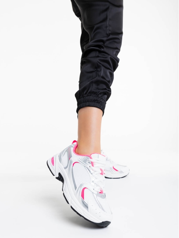 Γυναικεία αθλητικά παπούτσια λευκά με ροζ από ύφασμα Dunya, 2 - Kalapod.gr