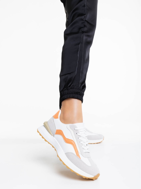 Γυναικεία αθλητικά παπούτσια λευκά με πορτοκαλί από οικολογικό δέρμα Dilly, 2 - Kalapod.gr