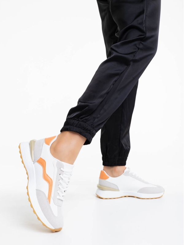 Γυναικεία αθλητικά παπούτσια λευκά με πορτοκαλί από οικολογικό δέρμα Dilly, 3 - Kalapod.gr