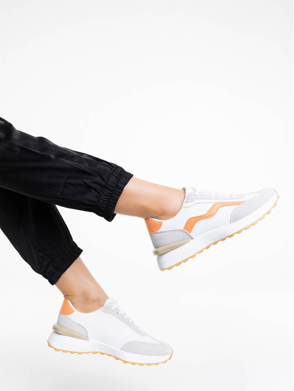 Γυναικεία αθλητικά παπούτσια λευκά με πορτοκαλί από οικολογικό δέρμα Dilly, 4 - Kalapod.gr