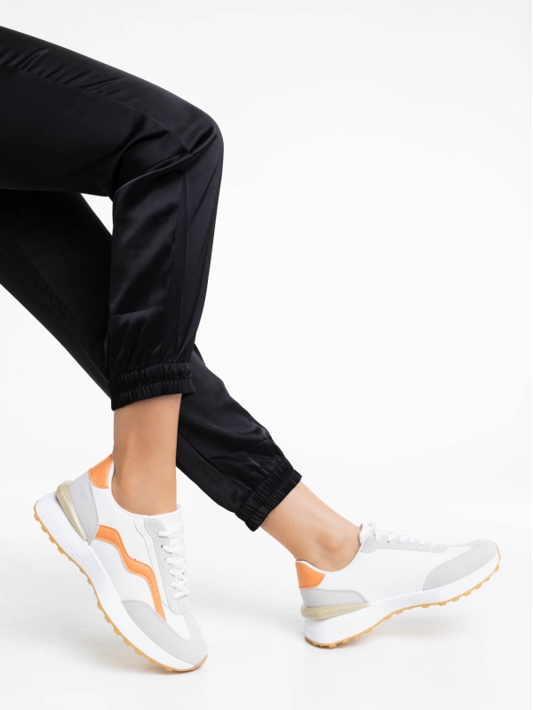 Γυναικεία αθλητικά παπούτσια λευκά με πορτοκαλί από οικολογικό δέρμα Dilly - Kalapod.gr