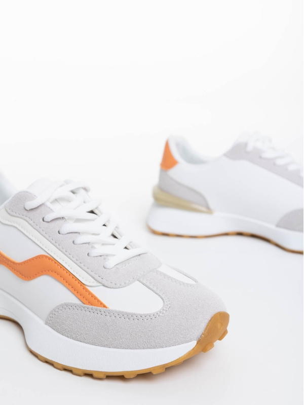 Γυναικεία αθλητικά παπούτσια λευκά με πορτοκαλί από οικολογικό δέρμα Dilly, 6 - Kalapod.gr