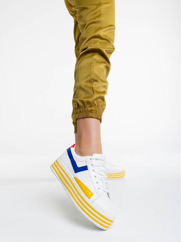 Γυναικεία αθλητικά παπούτσια λευκά με κίτρινο από οικολογικό δέρμα Gratiela, 2 - Kalapod.gr