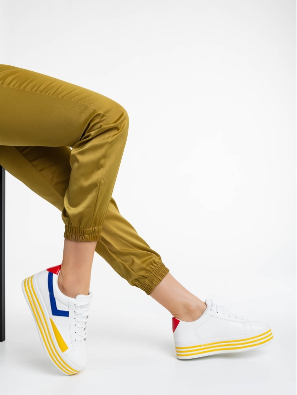 Γυναικεία αθλητικά παπούτσια λευκά με κίτρινο από οικολογικό δέρμα Gratiela, 4 - Kalapod.gr