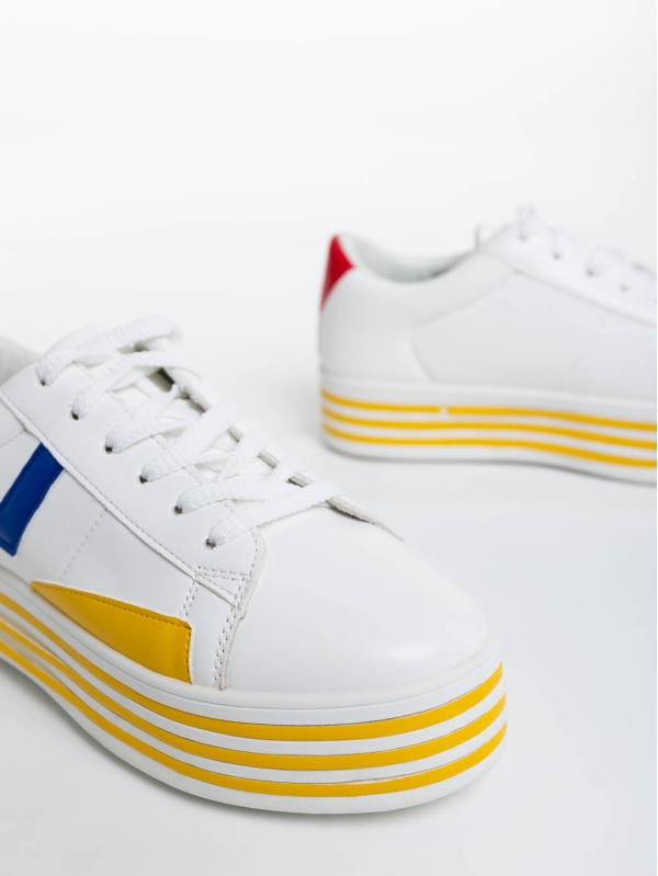 Γυναικεία αθλητικά παπούτσια λευκά με κίτρινο από οικολογικό δέρμα Gratiela, 6 - Kalapod.gr