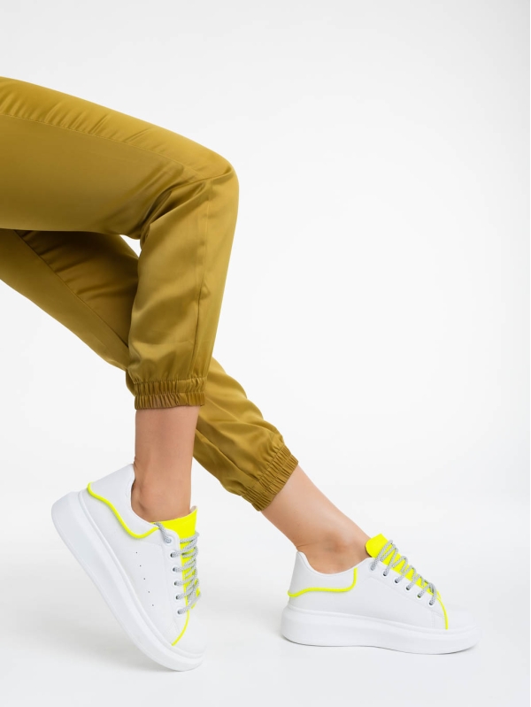 Γυναικεία αθλητικά παπούτσια λευκά με κίτρινο από οικολογικό δέρμα Brinda, 4 - Kalapod.gr