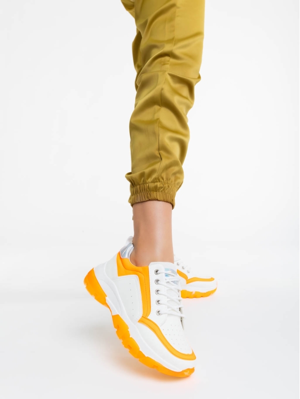 Γυναικεία αθλητικά παπούτσια λευκά με πορτοκαλί από οικολογικό δέρμα Mona, 2 - Kalapod.gr