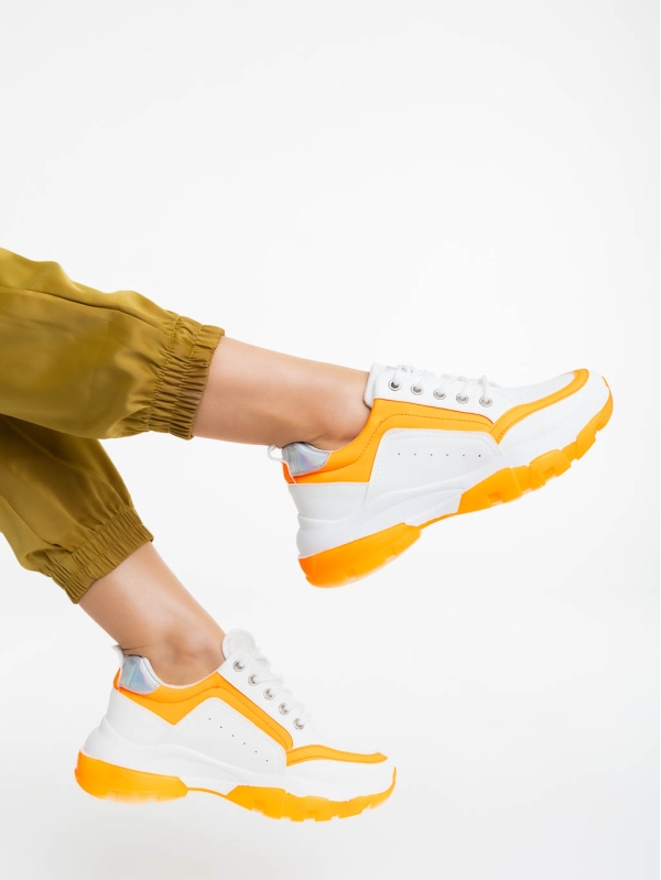Γυναικεία αθλητικά παπούτσια λευκά με πορτοκαλί από οικολογικό δέρμα Mona, 3 - Kalapod.gr