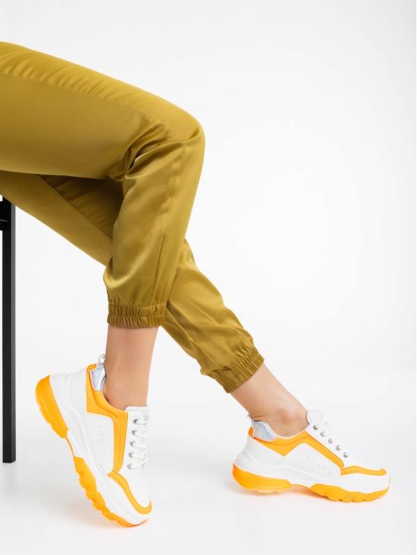 Γυναικεία αθλητικά παπούτσια λευκά με πορτοκαλί από οικολογικό δέρμα Mona, 4 - Kalapod.gr