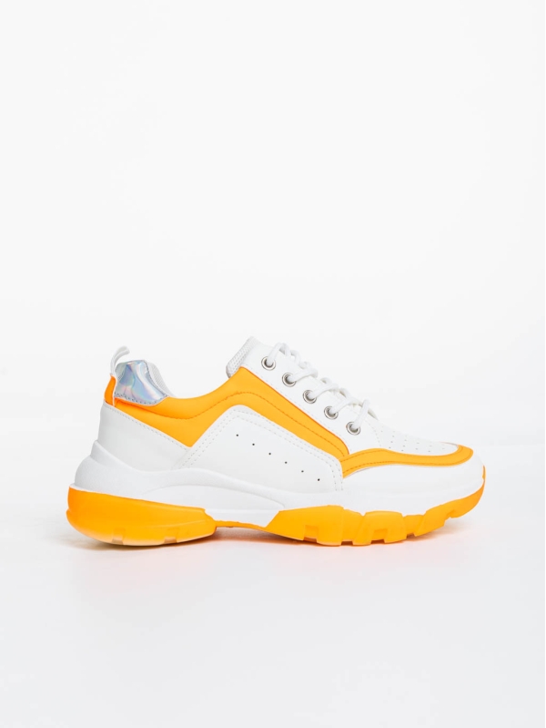 Γυναικεία αθλητικά παπούτσια λευκά με πορτοκαλί από οικολογικό δέρμα Mona, 5 - Kalapod.gr