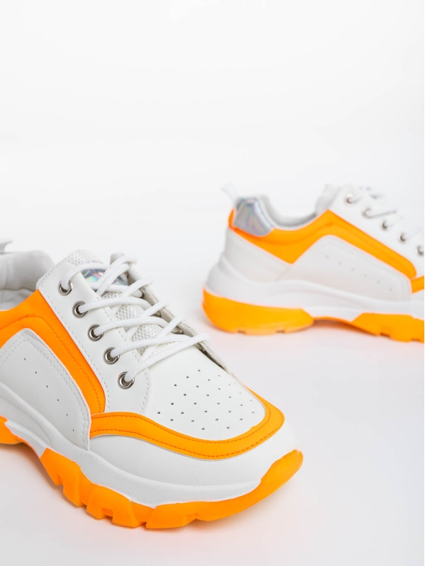 Γυναικεία αθλητικά παπούτσια λευκά με πορτοκαλί από οικολογικό δέρμα Mona, 6 - Kalapod.gr