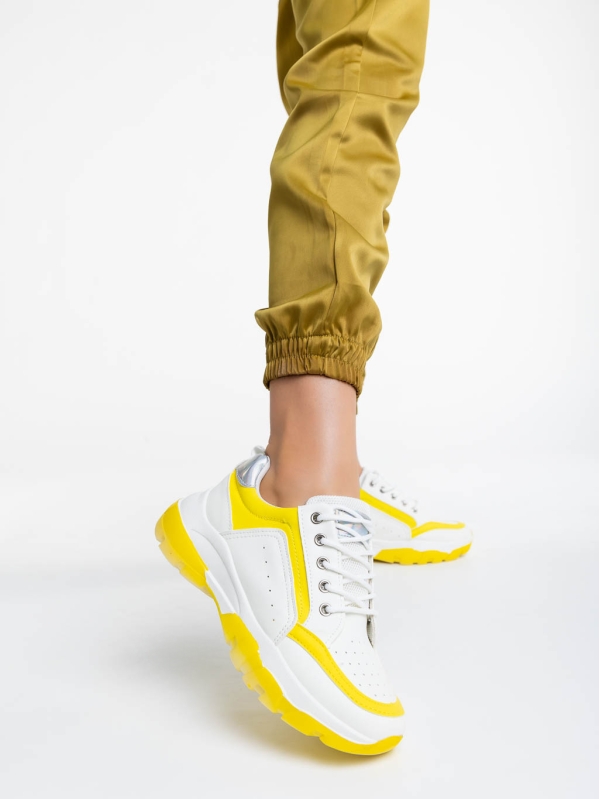 Γυναικεία αθλητικά παπούτσια λευκά με κίτρινο από οικολογικό δέρμα Mona, 2 - Kalapod.gr
