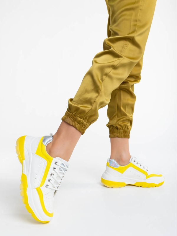Γυναικεία αθλητικά παπούτσια λευκά με κίτρινο από οικολογικό δέρμα Mona, 3 - Kalapod.gr