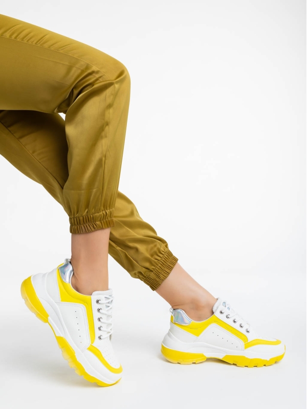 Γυναικεία αθλητικά παπούτσια λευκά με κίτρινο από οικολογικό δέρμα Mona, 4 - Kalapod.gr