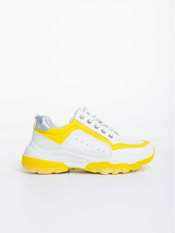 Γυναικεία αθλητικά παπούτσια λευκά με κίτρινο από οικολογικό δέρμα Mona, 5 - Kalapod.gr