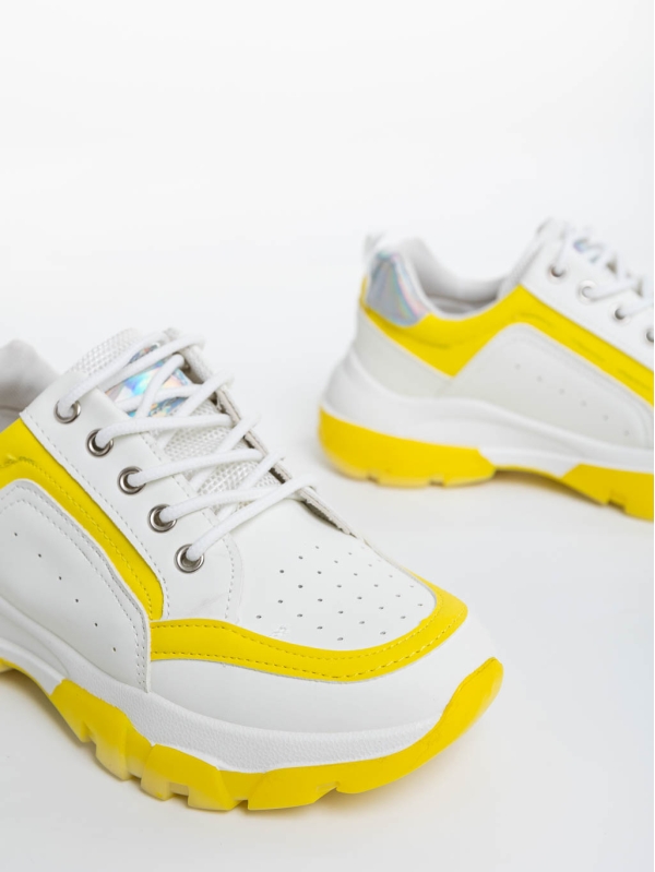 Γυναικεία αθλητικά παπούτσια λευκά με κίτρινο από οικολογικό δέρμα Mona, 6 - Kalapod.gr