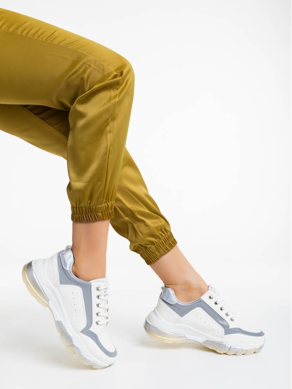 Γυναικεία αθλητικά παπούτσια λευκά με γκρι από οικολογικό δέρμα Mona, 4 - Kalapod.gr