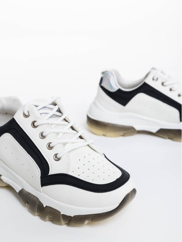 Γυναικεία αθλητικά παπούτσια λευκά με μαύρο από οικολογικό δέρμα Mona, 6 - Kalapod.gr