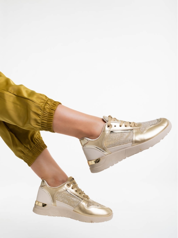 Γυναικεία αθλητικά παπούτσια μπεζ με χρυσαφί από οικολογικό δέρμα Litsa, 3 - Kalapod.gr