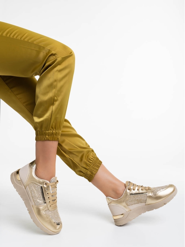 Γυναικεία αθλητικά παπούτσια μπεζ με χρυσαφί από οικολογικό δέρμα Litsa, 4 - Kalapod.gr